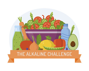 Badge for alkaline challenge. Alkaline diet concept. Flat design. Vector illustration.