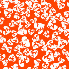 Cracked hearts seamless pattern in lush lava color. Unhappy love concept. Wrapping texture for Valentine day greeting card design. Randomly placed wrecked heart shapes. Vector EPS8 illustration.