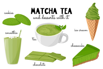 Hand drawn food with matcha green tea - ice cream, cake, drinks, sketch vector illustration isolated on white background.