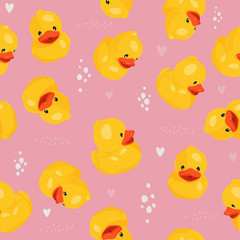 Yellow rubber duck seamless pattern. Fun kids background.