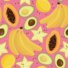 Fresh fruits summer background. Bright seamless pattern.