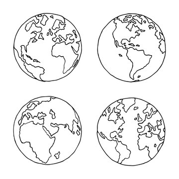 Hand drawn globe in four projections. Western and eastern, north and south hemispheres. Not exactly precision outline drawing of world map in black and white colors. Vector illustration in EPS8.