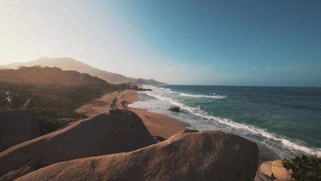 Beautiful bay with white sand beach and blue water in Tayrona national park in Colombia