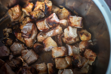 Pieces of Pork meat kebab, souvlaki in a bowl.