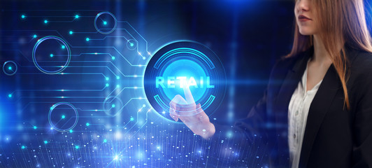 Business, Technology, Internet and network concept. Young businessman working on a virtual screen of the future and sees the inscription: Retail