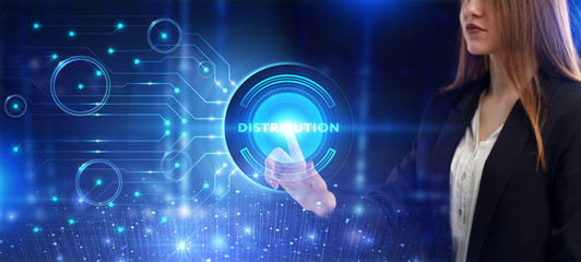 Business, Technology, Internet and network concept. Young businessman working on a virtual screen of the future and sees the inscription: Distribution