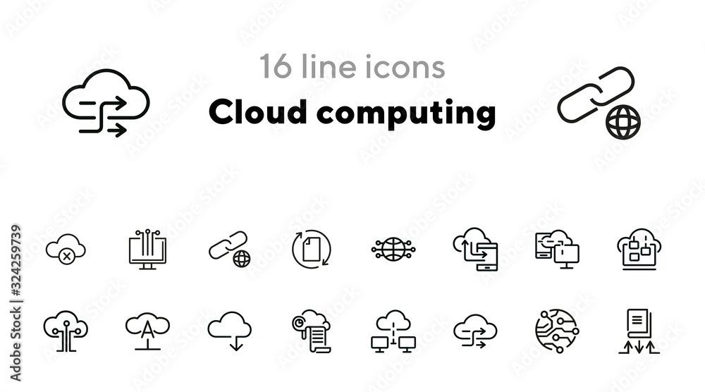 Poster cloud computing line icon set. set of line icons on white background. programming concept. system, s