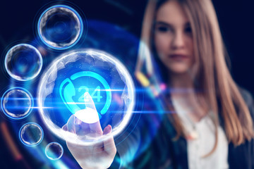 Business, Technology, Internet and network concept. Young businessman working on a virtual screen of the future and sees the inscription: