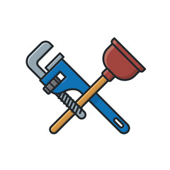 Plunger and pipe wrench isolated  vector illustration