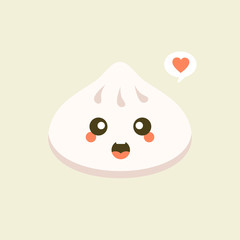 Chinese dim sum cute kawaii vector character. Asian traditional dish with smiling face. Eastern cuisine. Dumplings with spices. Funny emoji, emoticon. Isolated cartoon color illustration