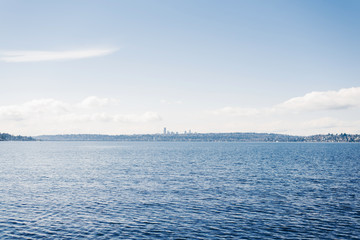 Kirkland, Washington, USA. February 2020. The waterfront of lake Washington in clear weather. Lake view