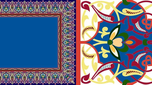 Dynamic color transitional animation with a Persian or Arabic carpet ornament. 4k video