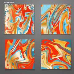 Set of cards with trendy colorful marble swirls. Set of four cards. Linear brights twisted backdrop template in blue , orange and golden . Vector illustration.