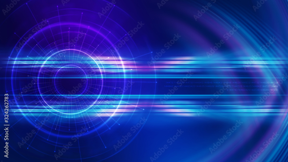 Wall mural dark tech abstract background with neon glow. cyber circle laser figure on abstract background