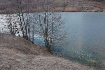 Winter landscape of a frozen lake surrounded by trees. Kharkov, Ukraine.