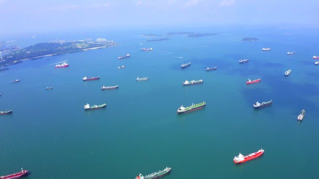 Aerial view  Oil tankers and cargo ships at the Strait of Malacca in Singapore