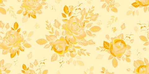 Rolgordijnen Yellow seamless floral pattern with flowers rose, buds and leaves. Hand drawn. For textile, wallpapers, print, wrapping paper. Vector stock illustration. © Irina