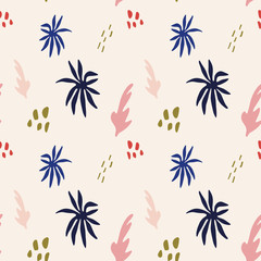 Seamless childish aesthetic pattern with hand drawn abstract leaves and shapes. Creative scandinavian kids fabric, wrapping texture, textile, wallpaper, home apparel. Vector EPS