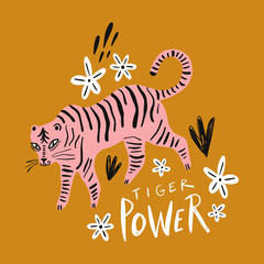 Vector cute childish animal, baby illustration, bengal tiger comic cartoon style art, stripes pattern. Hand drawn lettering print for posters, cards and t-shirts