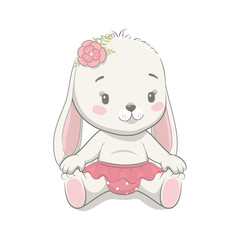 Cute baby bunny cartoon vector illustration. Illustration in hand drawing style for baby shower. Greeting card, party invitation, fashion clothes t-shirt print.