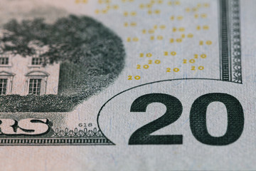 Closeup of back side of 20 dollar banknote