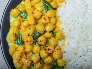 rice, chickpeas with coconut milk and curry. vegetarian dish