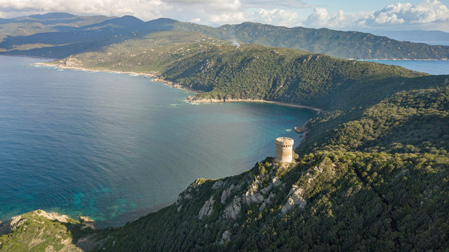 Genoese tower of Capu di muru in Corsica hidden in the middle of the Corsican maquis