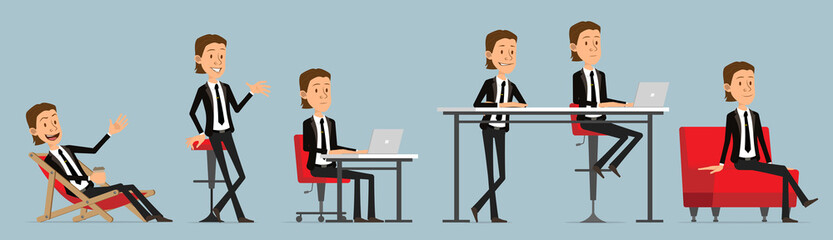 Cartoon funny cute business office boy character in black suit with tie. Ready for animations. Businessman working on laptop and resting with coffee. Isolated on blue background. Big vector icon set.