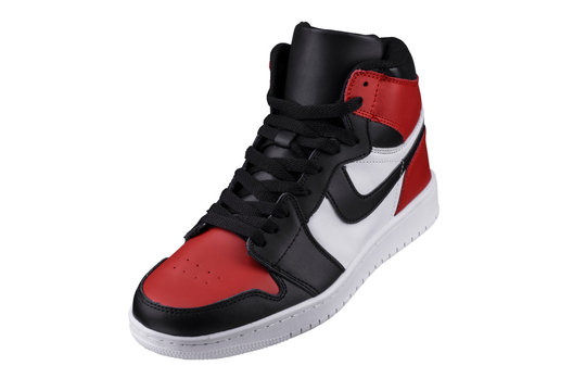 Side view of a high sneaker with red and black accents.