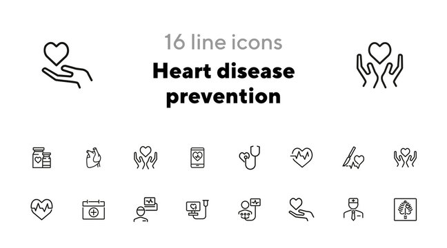 Heart disease prevention line icon set. Stethoscope, surgery, cardiogram, first aid kit. Medicine concept. Can be used for topics like heart attack, medical help, hospital