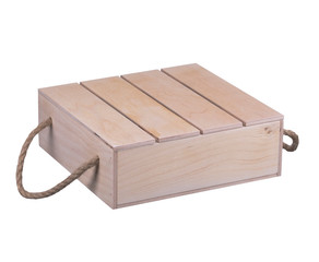Wooden box with handles made of twine on a white background.