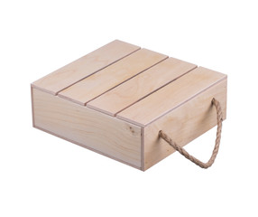 Wooden box with handles made of twine on a white background.