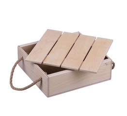 Wooden box with handles made of twine on a white background.