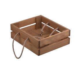 Wooden box with handles made of twine on a white background.
