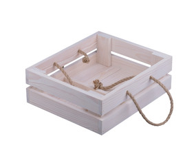 Wooden white box with handles made of twine on a white background.