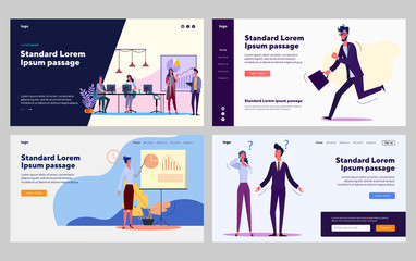 Lazy and hardworking managers set. Presentation, meeting with partners, late for work, shrugging. Flat vector illustrations. Business, efficiency concept for banner, website design or landing web page