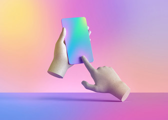 3d render mannequin hands holding smart phone gadget, electronic device isolated on colorful pastel background, minimal concept, simple clean design. Remote control. Limb prosthesis © NeoLeo