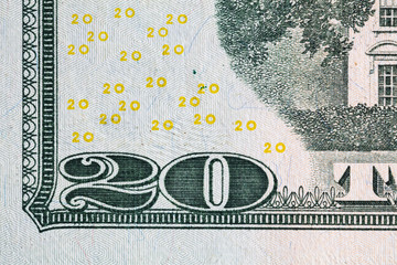 Closeup of back side of 20 dollar banknote