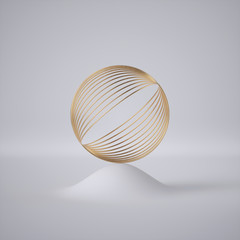 3d render, abstract white background, modern minimal concept, clean style. Round golden cage, gold sphere, ball, futuristic spherical shape. Modern mockup. Balance concept.