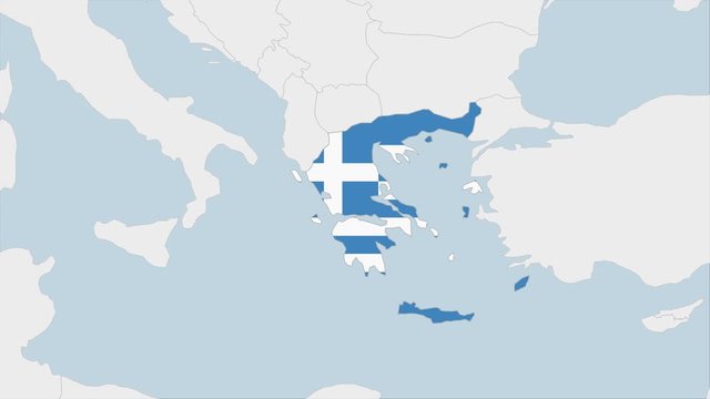 Greece map highlighted in Greece flag colors and pin of country capital Athens.