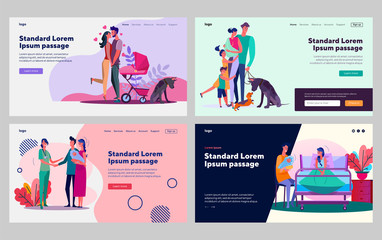 Having baby set. New parents walk with stroller, leaving clinic, pet, home. Flat vector illustrations. Children, parenthood, young family concept for banner, website design or landing web page