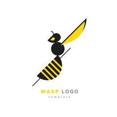 Wasp logo template. Vectpr illustration with black and yellow wasp isolated on white. Bee logo. Stylized natural logotype. - 324273300