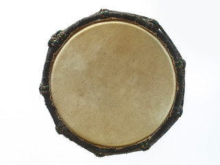 Top view of djembe drum isolated on white background. Top view of ethnic drum, a percussion musical instrument