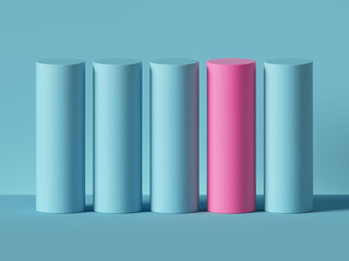 3d render, abstract minimal geometric background. One pink cylinder, row of blue cylinders. Isolated objects, primitive shapes. Profit chart. Stable business concept, one of a kind, advantage metaphor