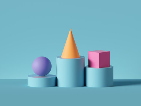 3d render, abstract geometric background. Violet ball, yellow cone, pink cube placed on blue cylinder pedestal steps. Isolated objects, primitive shapes. Modern minimal concept