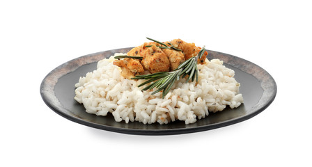Delicious risotto with chicken isolated on white