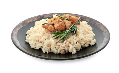Delicious risotto with chicken isolated on white