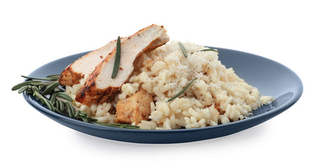 Delicious risotto with chicken isolated on white