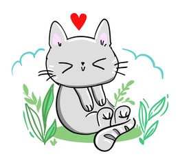 Cute cat and heart illustration. Print design for baby textiles. Vector. Hand drawn kitten is sitting in the grass.