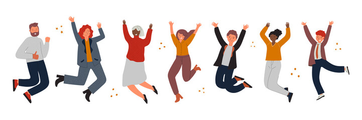 Happy jumping office workers. Cheerful corporate employees cartoon characters set. Young students in casual modern clothes. Diverse group of people. Flat vector illustration.
